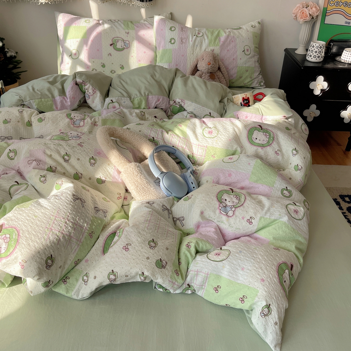 91家纺网 家纺一手货源 找家纺 沐芷 2026 高克重110g泡芙棉四件套A类床上用品被套宿舍床单三件套【提供买家秀】 青苹果乐园