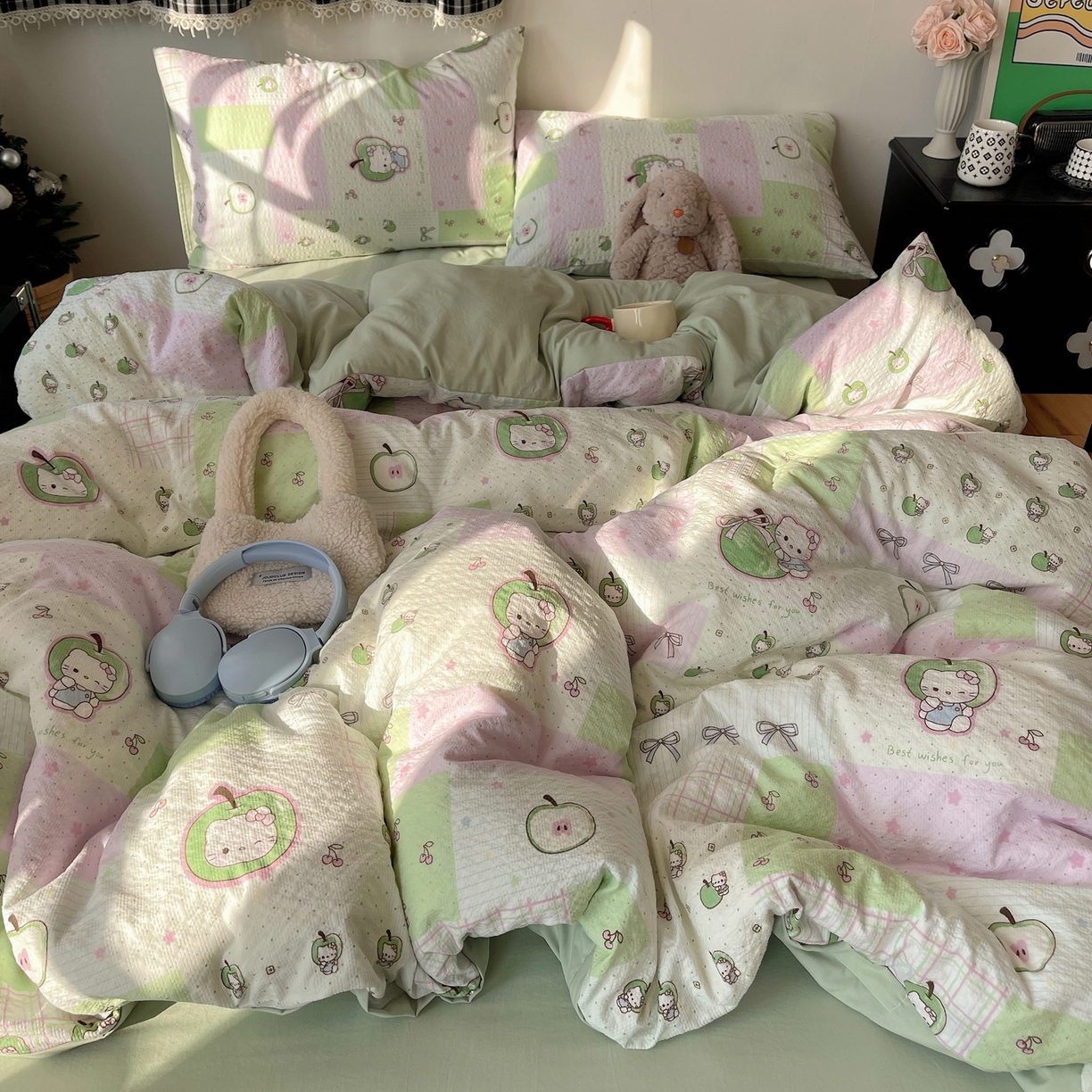 91家纺网 家纺一手货源 找家纺 沐芷 2026 高克重110g泡芙棉四件套A类床上用品被套宿舍床单三件套【提供买家秀】 青苹果乐园