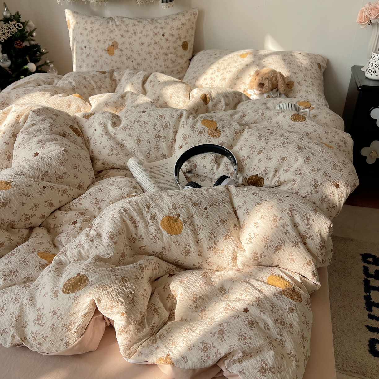 91家纺网 家纺一手货源 找家纺 沐芷 2026 高克重110g泡芙棉四件套A类床上用品被套宿舍床单三件套【提供买家秀】 秋末南瓜