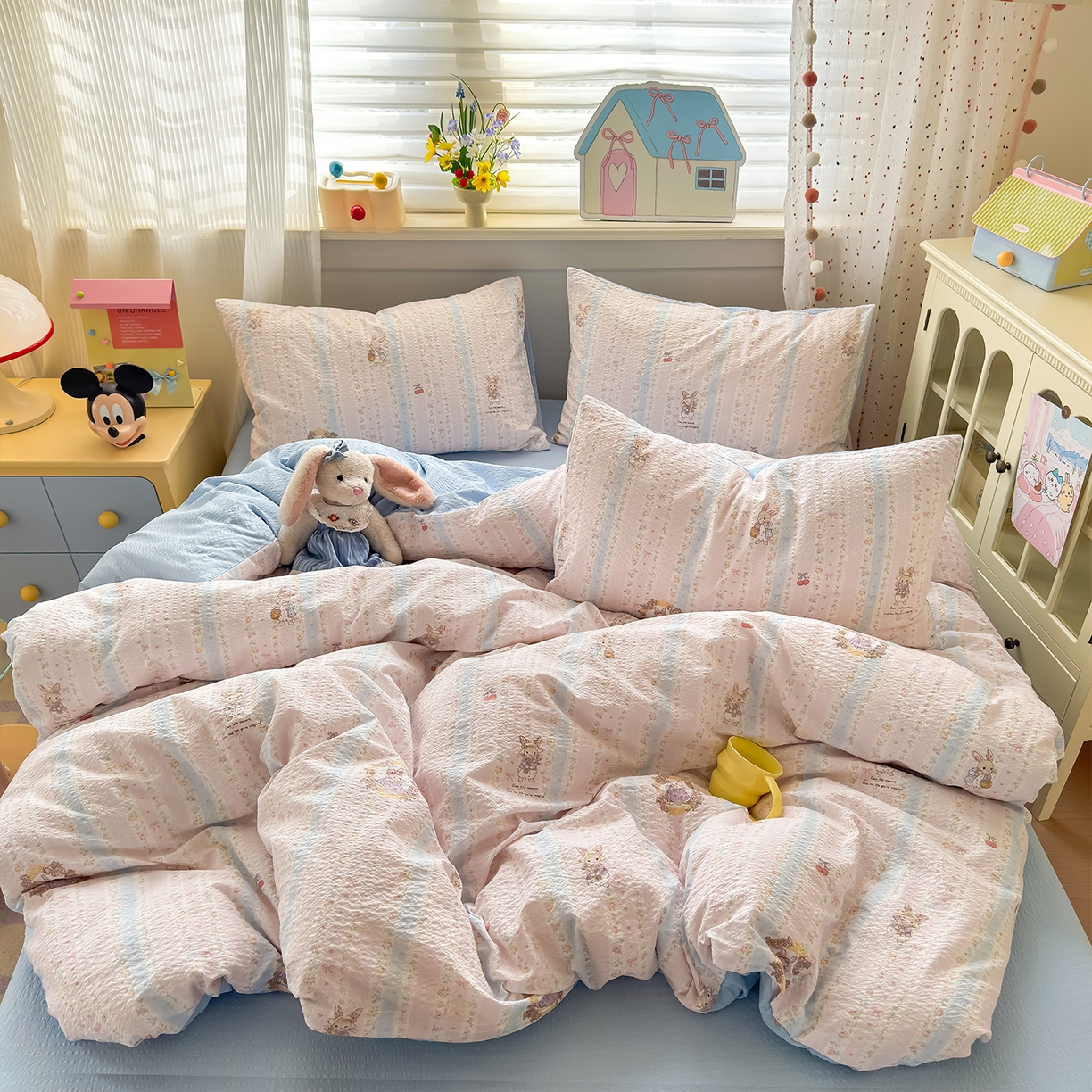 优承佳生活馆 2026新款卡通小清新风格高克重超柔软糯泡芙双层纱面料三件套四件套单被套系列 （提供买家秀） 芭比兔