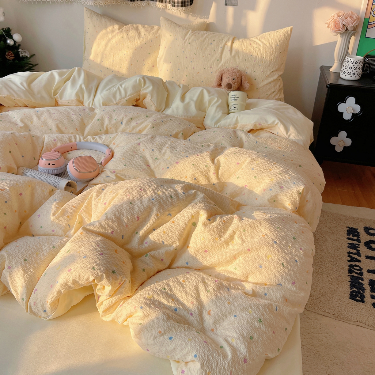 91家纺网 家纺一手货源 找家纺 沐芷 2026 高克重110g泡芙棉四件套A类床上用品被套宿舍床单三件套【提供买家秀】 星月糖粒