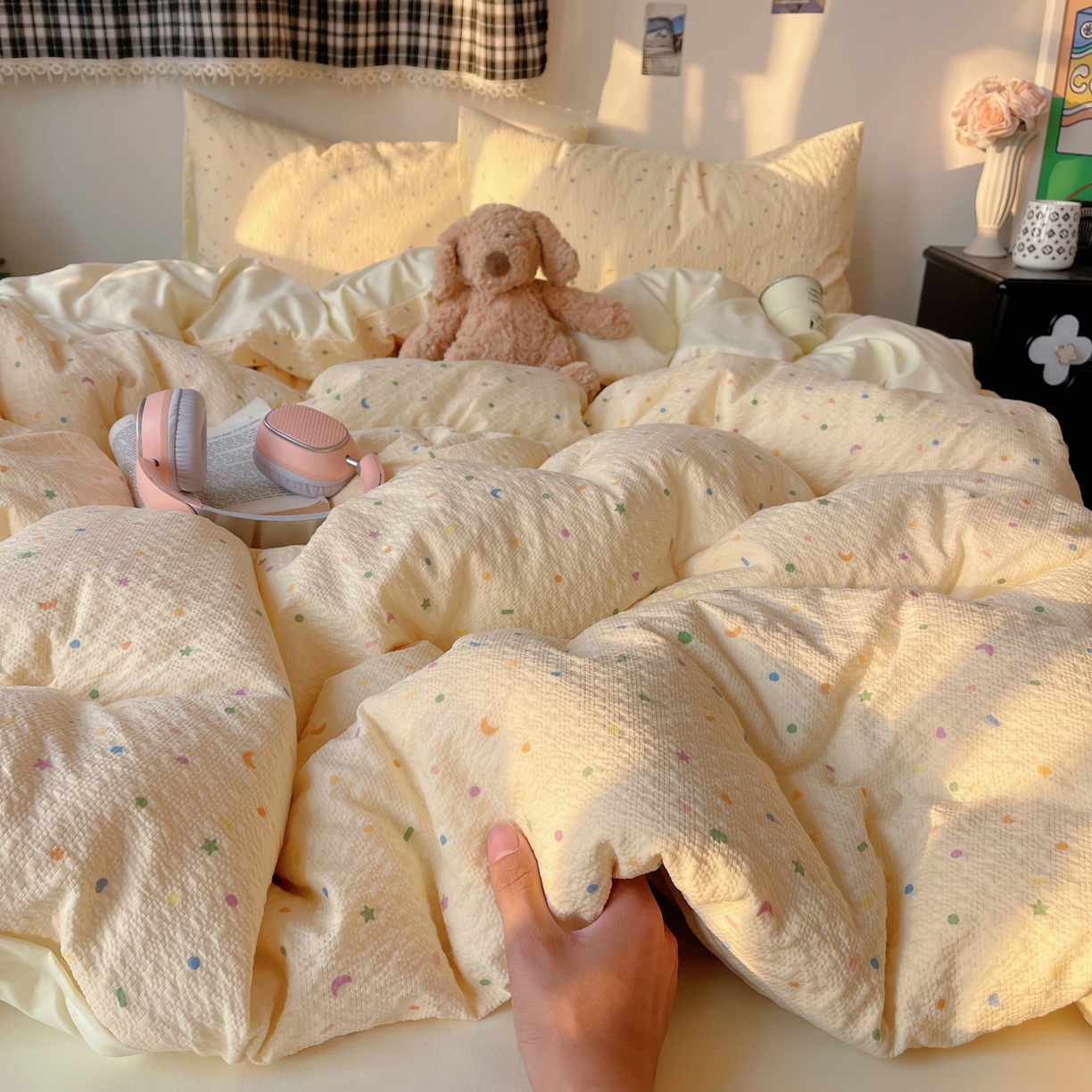 91家纺网 家纺一手货源 找家纺 沐芷 2026 高克重110g泡芙棉四件套A类床上用品被套宿舍床单三件套【提供买家秀】 星月糖粒