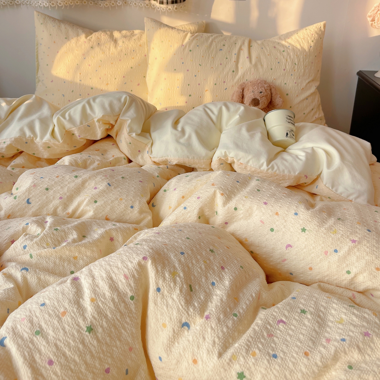 91家纺网 家纺一手货源 找家纺 沐芷 2026 高克重110g泡芙棉四件套A类床上用品被套宿舍床单三件套【提供买家秀】 星月糖粒