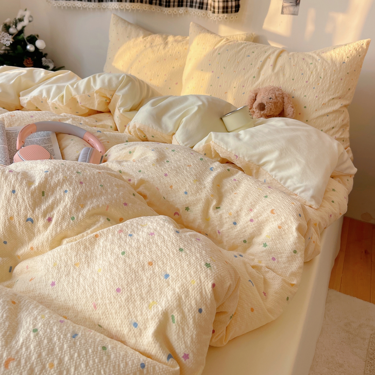 91家纺网 家纺一手货源 找家纺 沐芷 2026 高克重110g泡芙棉四件套A类床上用品被套宿舍床单三件套【提供买家秀】 星月糖粒