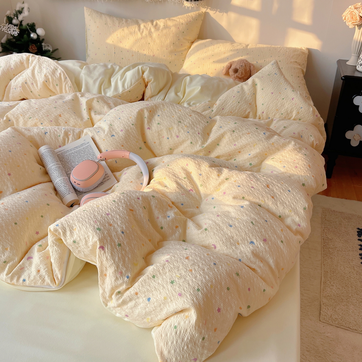 91家纺网 家纺一手货源 找家纺 沐芷 2026 高克重110g泡芙棉四件套A类床上用品被套宿舍床单三件套【提供买家秀】 星月糖粒