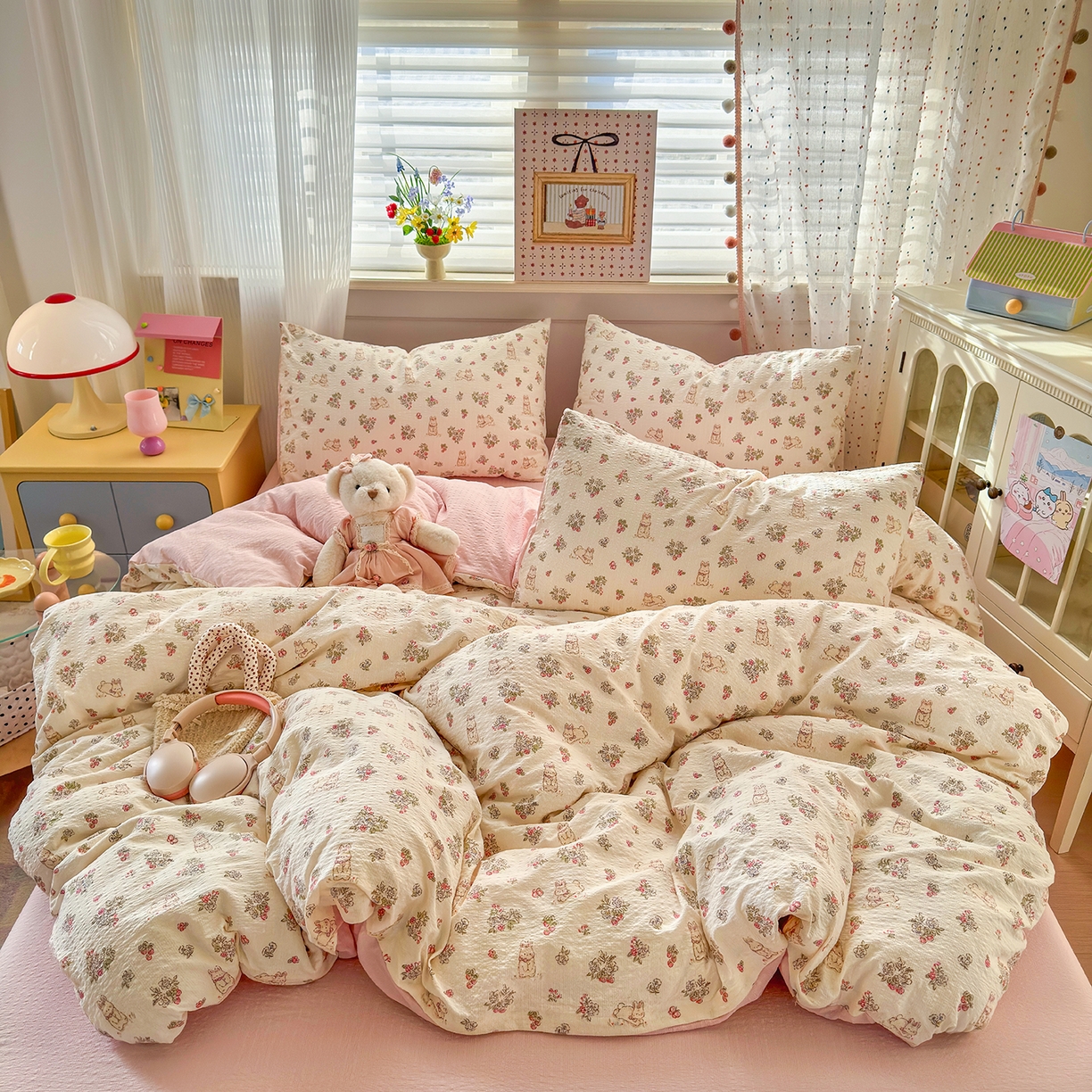 优承佳生活馆 2026新款卡通小清新风格高克重超柔软糯泡芙双层纱面料三件套四件套单被套系列 （提供买家秀） 花间兔语