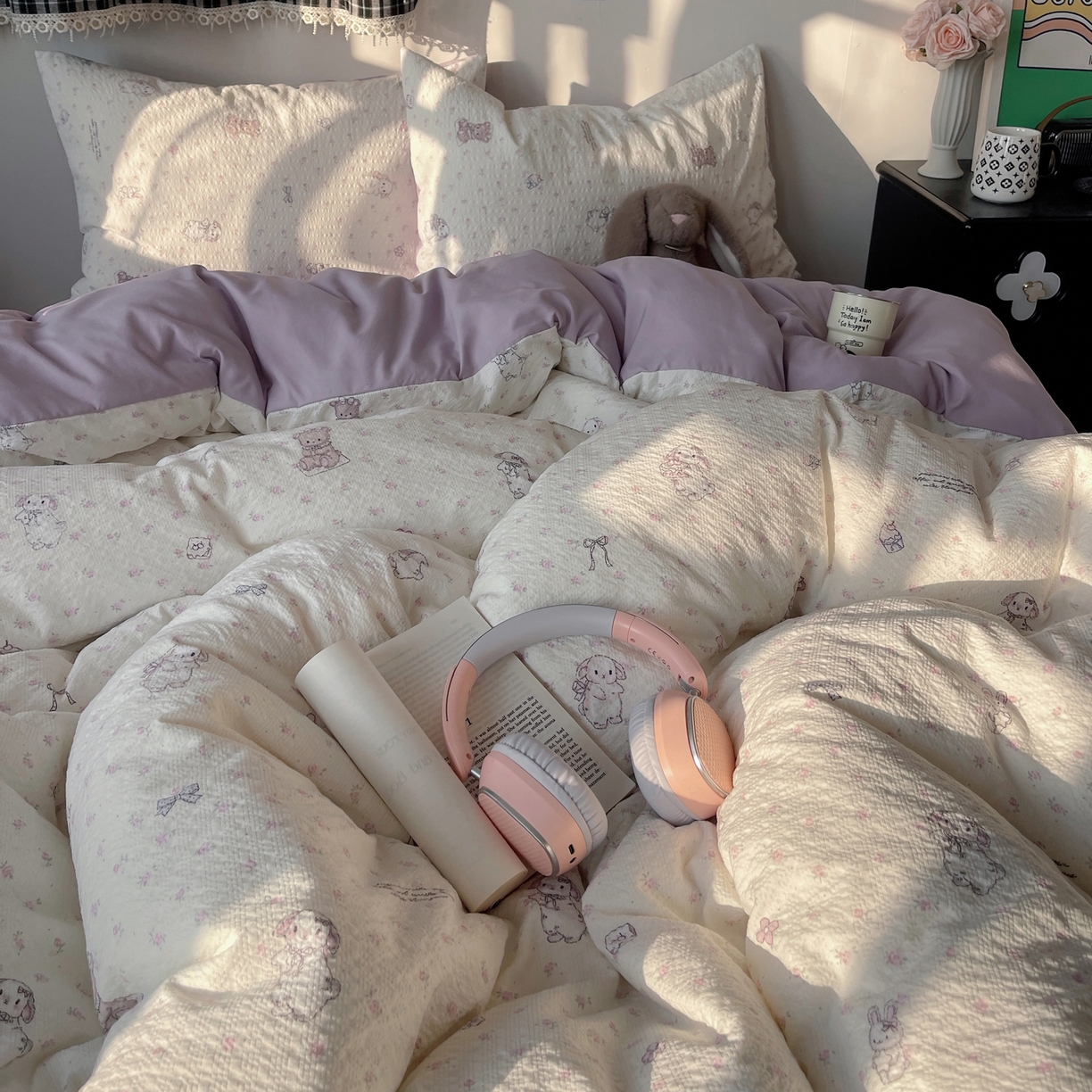 91家纺网 家纺一手货源 找家纺 沐芷 2026 高克重110g泡芙棉四件套A类床上用品被套宿舍床单三件套【提供买家秀】 悦悦小兔