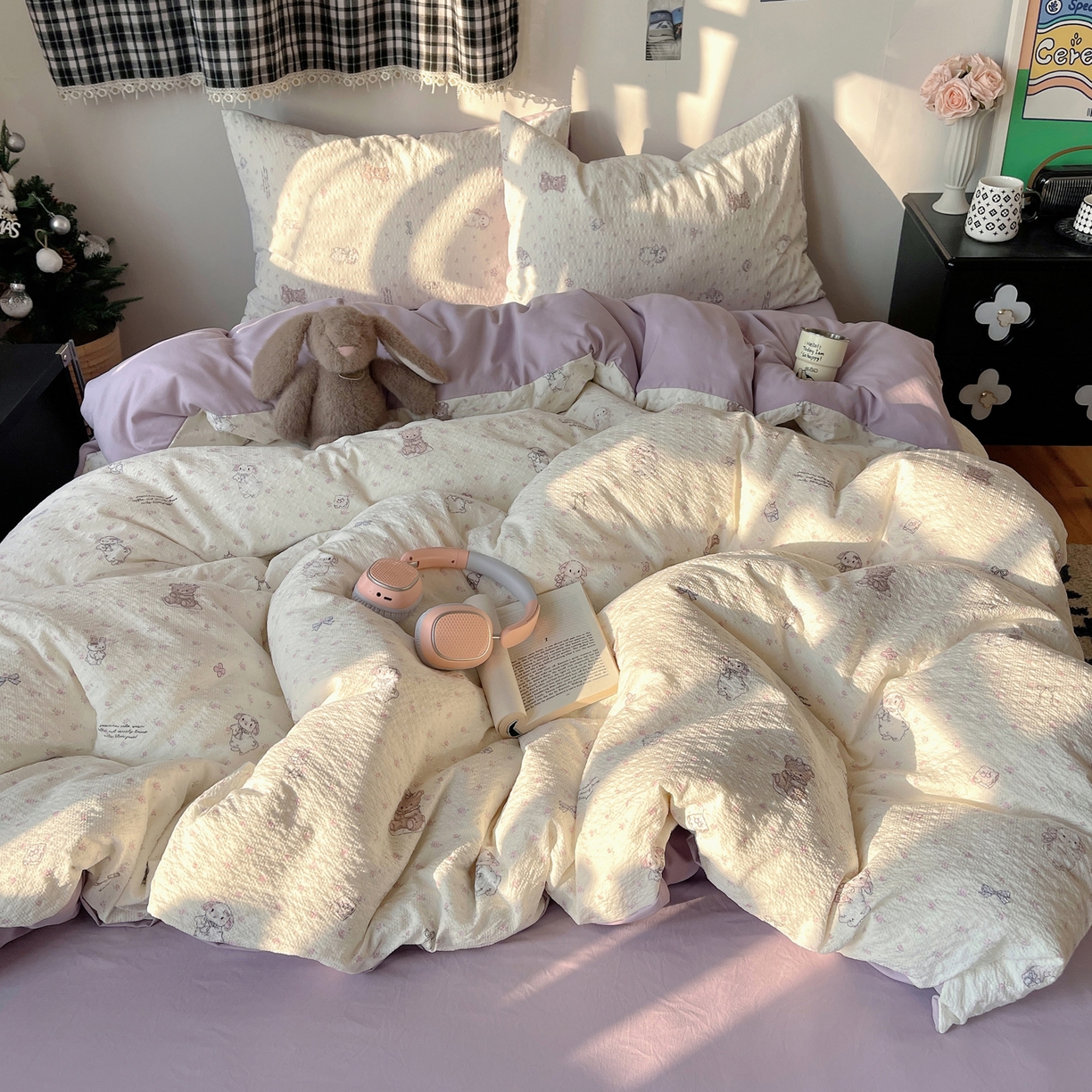 91家纺网 家纺一手货源 找家纺 沐芷 2026 高克重110g泡芙棉四件套A类床上用品被套宿舍床单三件套【提供买家秀】 悦悦小兔