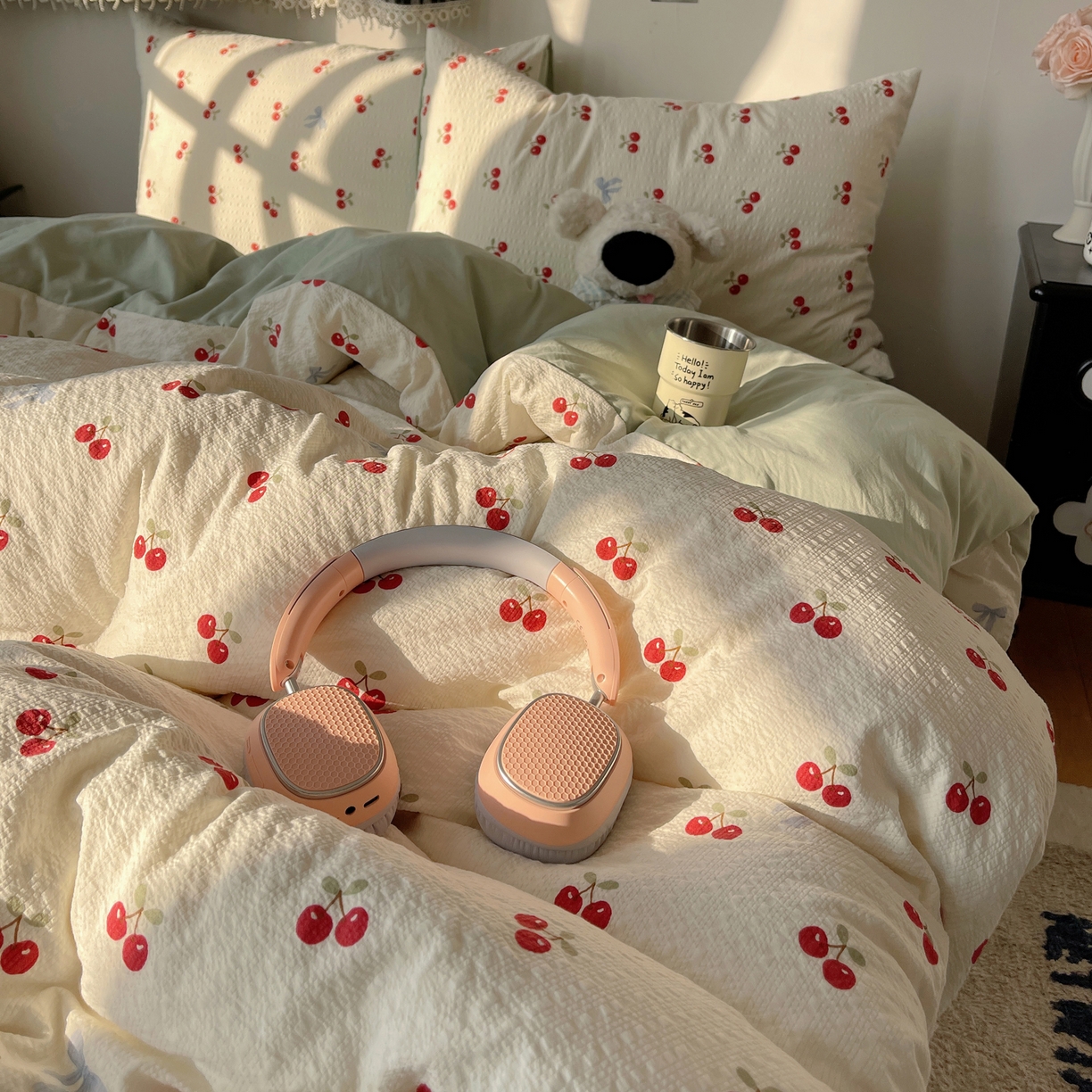 沐芷 2026 高克重110g泡芙棉四件套A类床上用品被套宿舍床单三件套【提供买家秀】 樱桃笔记