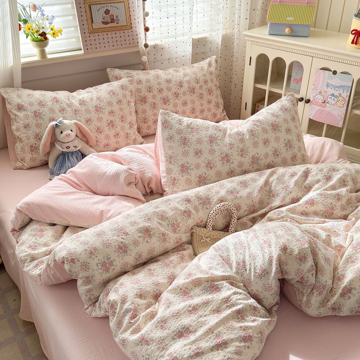 91家纺网 家纺一手货源 找家纺 优承佳生活馆 2026新款卡通小清新风格高克重超柔软糯泡芙双层纱面料三件套四件套单被套系列 （提供买家秀） 满满