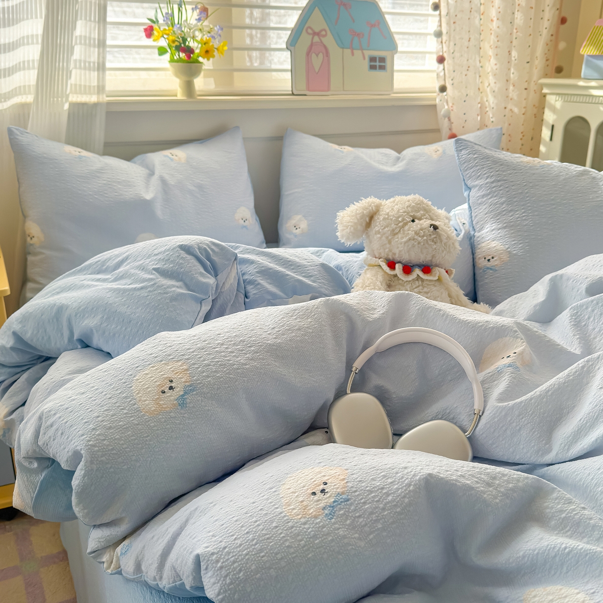 91家纺网 家纺一手货源 找家纺 优承佳生活馆 2026新款卡通小清新风格高克重超柔软糯泡芙双层纱面料三件套四件套单被套系列 （提供买家秀） 萌萌狗