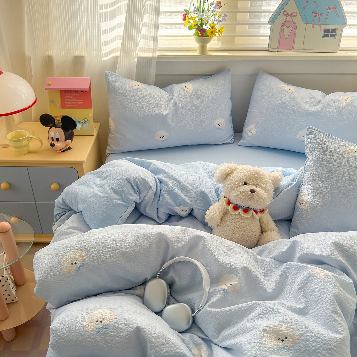 91家纺网 家纺一手货源 找家纺 优承佳生活馆 2026新款卡通小清新风格高克重超柔软糯泡芙双层纱面料三件套四件套单被套系列 （提供买家秀） 萌萌狗