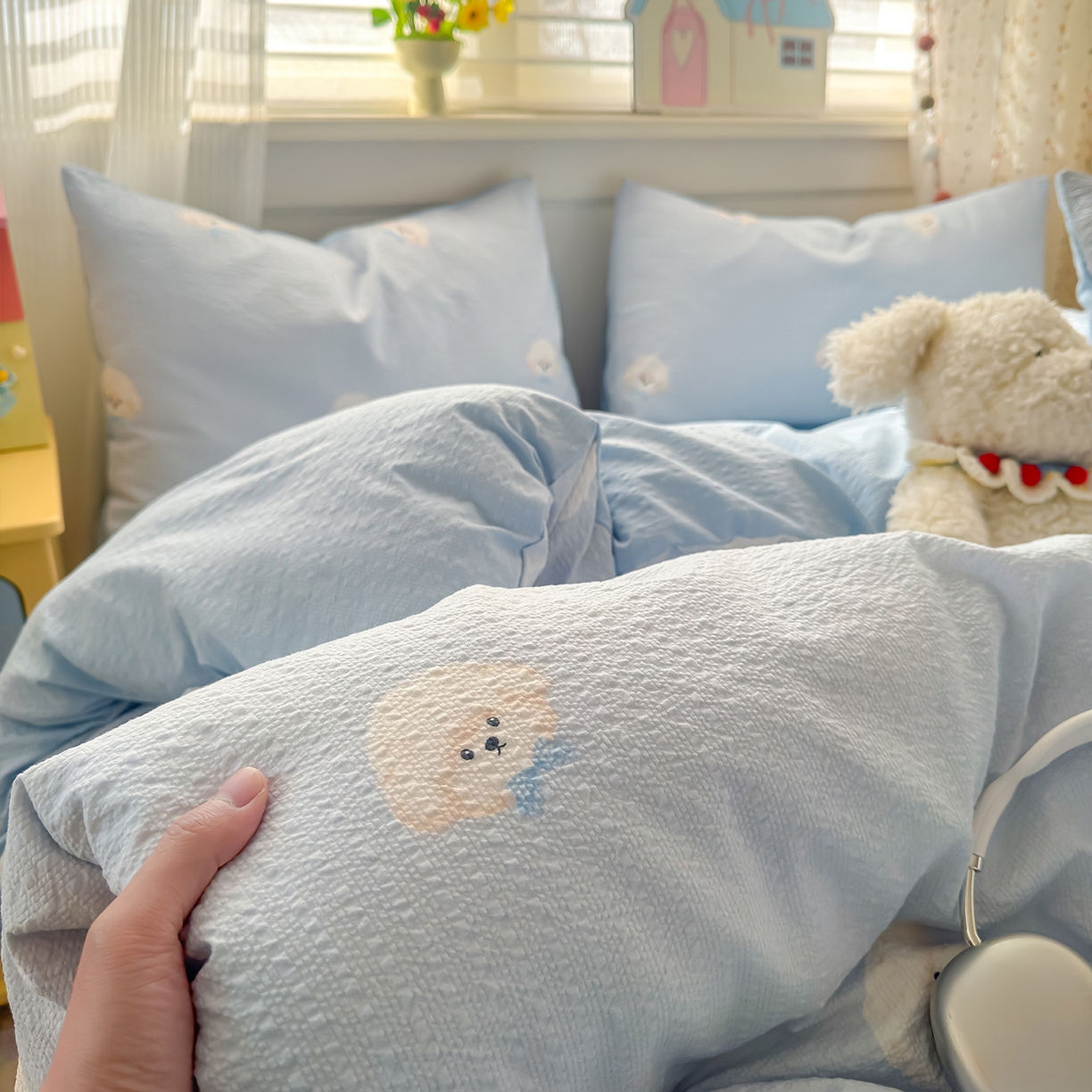 91家纺网 家纺一手货源 找家纺 优承佳生活馆 2026新款卡通小清新风格高克重超柔软糯泡芙双层纱面料三件套四件套单被套系列 （提供买家秀） 萌萌狗
