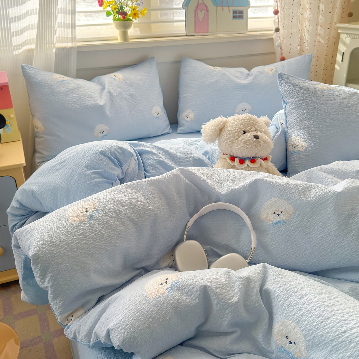 91家纺网 家纺一手货源 找家纺 优承佳生活馆 2026新款卡通小清新风格高克重超柔软糯泡芙双层纱面料三件套四件套单被套系列 （提供买家秀） 萌萌狗