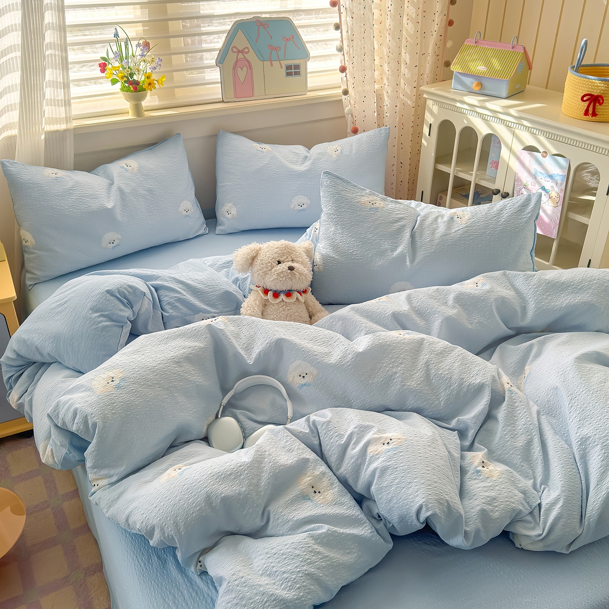 91家纺网 家纺一手货源 找家纺 优承佳生活馆 2026新款卡通小清新风格高克重超柔软糯泡芙双层纱面料三件套四件套单被套系列 （提供买家秀） 萌萌狗