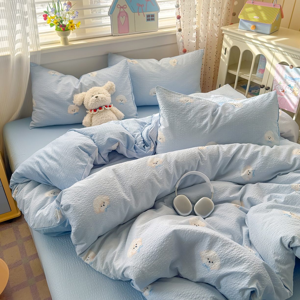 91家纺网 家纺一手货源 找家纺 优承佳生活馆 2026新款卡通小清新风格高克重超柔软糯泡芙双层纱面料三件套四件套单被套系列 （提供买家秀） 萌萌狗