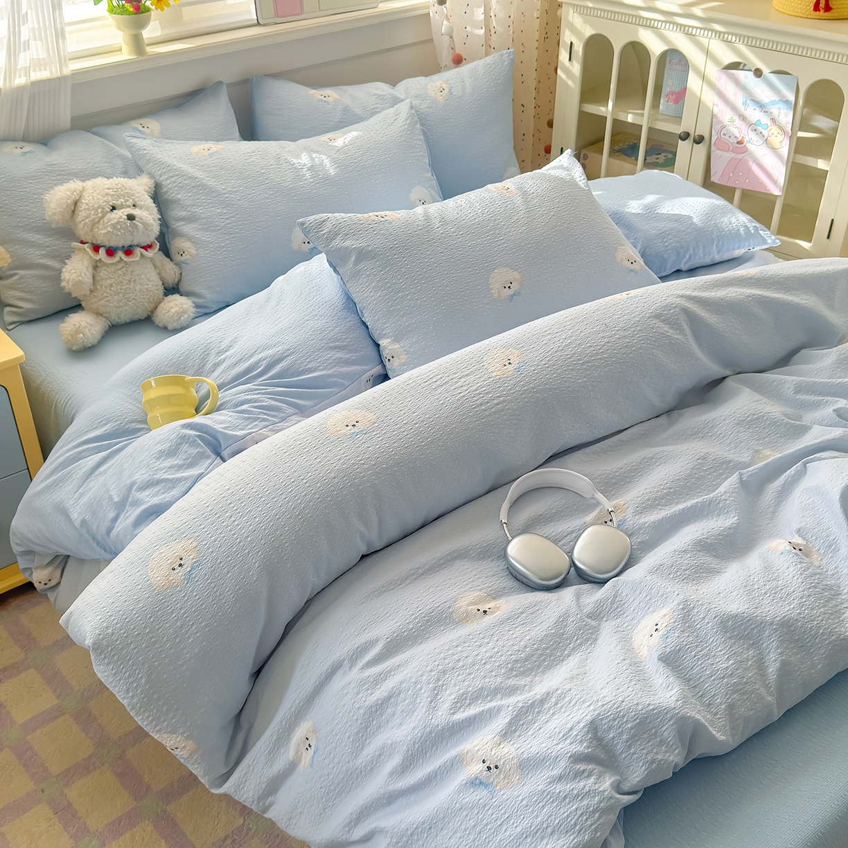 91家纺网 家纺一手货源 找家纺 优承佳生活馆 2026新款卡通小清新风格高克重超柔软糯泡芙双层纱面料三件套四件套单被套系列 （提供买家秀） 萌萌狗