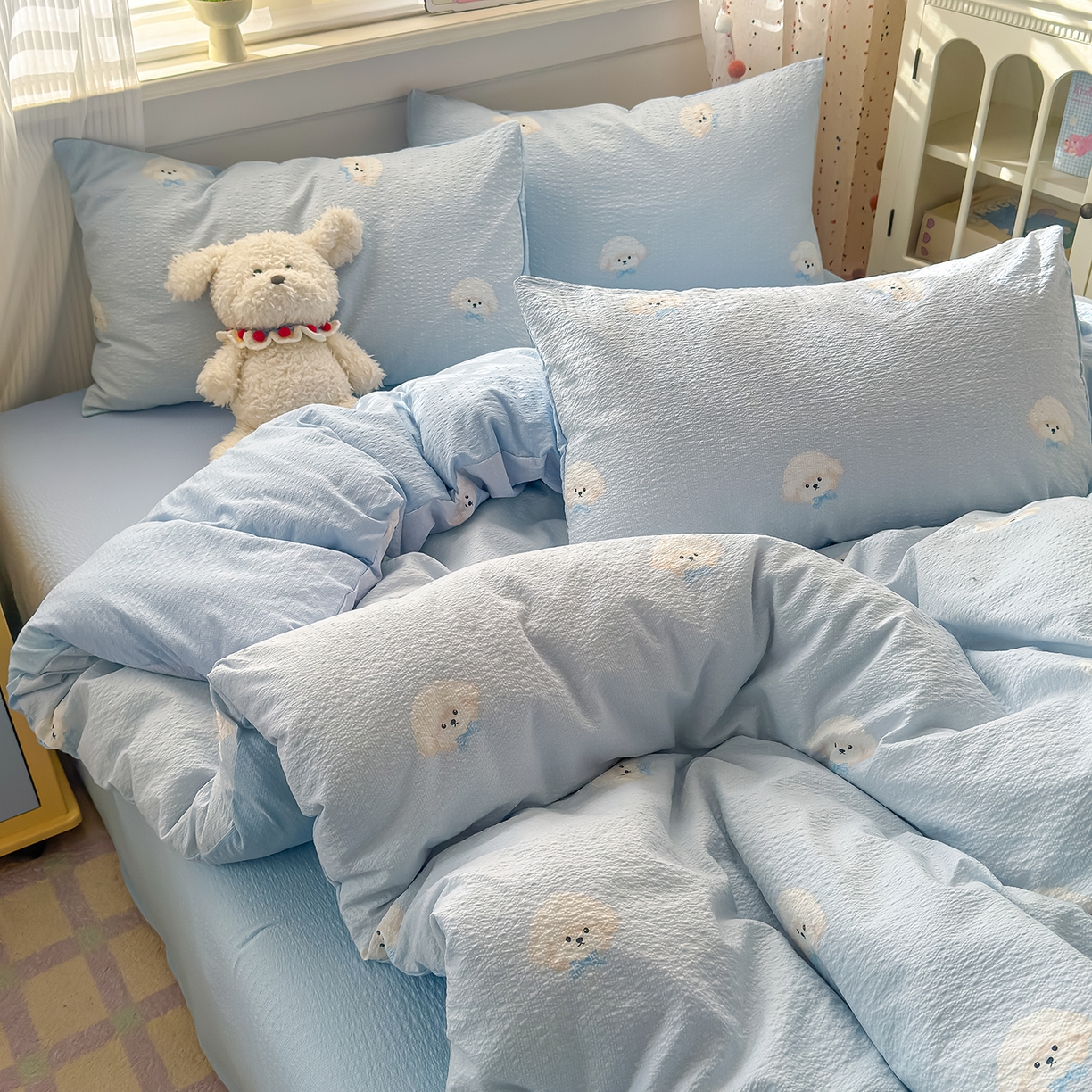 91家纺网 家纺一手货源 找家纺 优承佳生活馆 2026新款卡通小清新风格高克重超柔软糯泡芙双层纱面料三件套四件套单被套系列 （提供买家秀） 萌萌狗