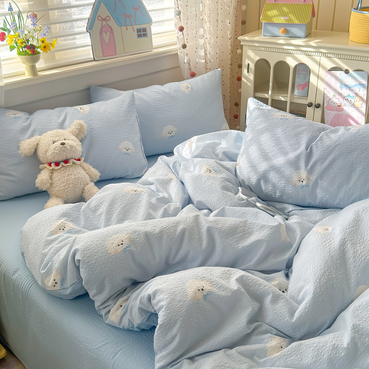 91家纺网 家纺一手货源 找家纺 优承佳生活馆 2026新款卡通小清新风格高克重超柔软糯泡芙双层纱面料三件套四件套单被套系列 （提供买家秀） 萌萌狗
