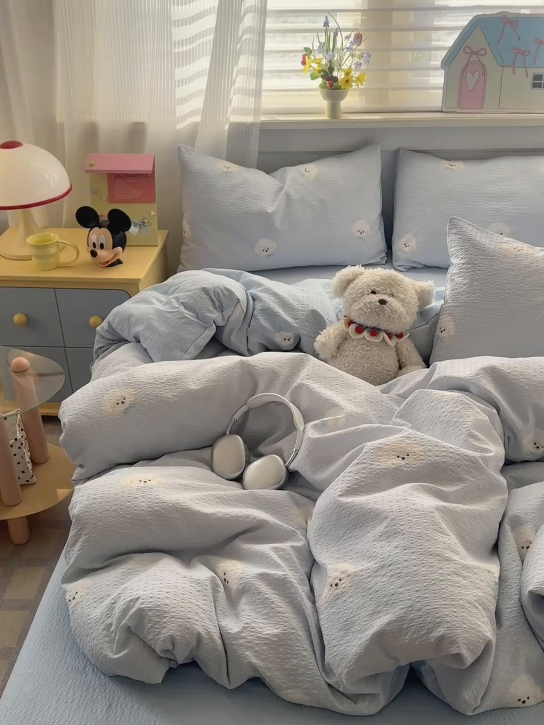 91家纺网 家纺一手货源 找家纺 优承佳生活馆 2026新款卡通小清新风格高克重超柔软糯泡芙双层纱面料三件套四件套单被套系列 （提供买家秀） 萌萌狗