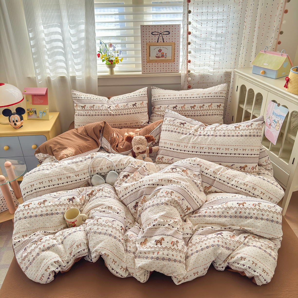 优承佳生活馆 2026新款卡通小清新风格高克重超柔软糯泡芙双层纱面料三件套四件套单被套系列 （提供买家秀） 千禧马