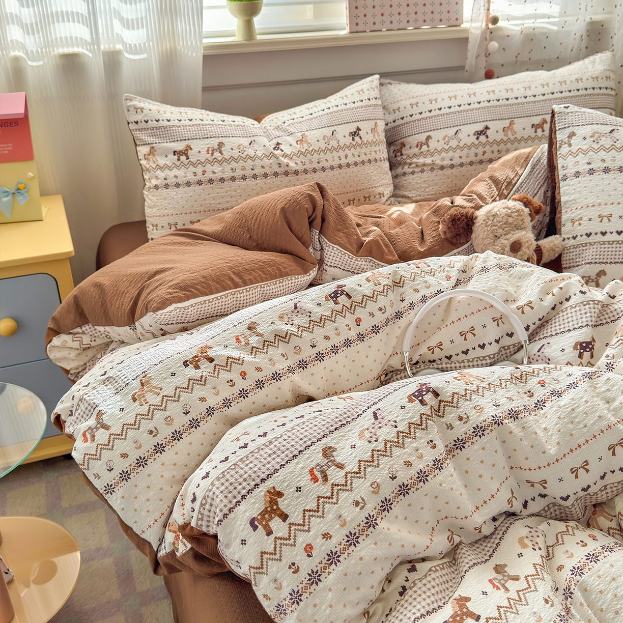 91家纺网 家纺一手货源 找家纺 优承佳生活馆 2026新款卡通小清新风格高克重超柔软糯泡芙双层纱面料三件套四件套单被套系列 （提供买家秀） 千禧马