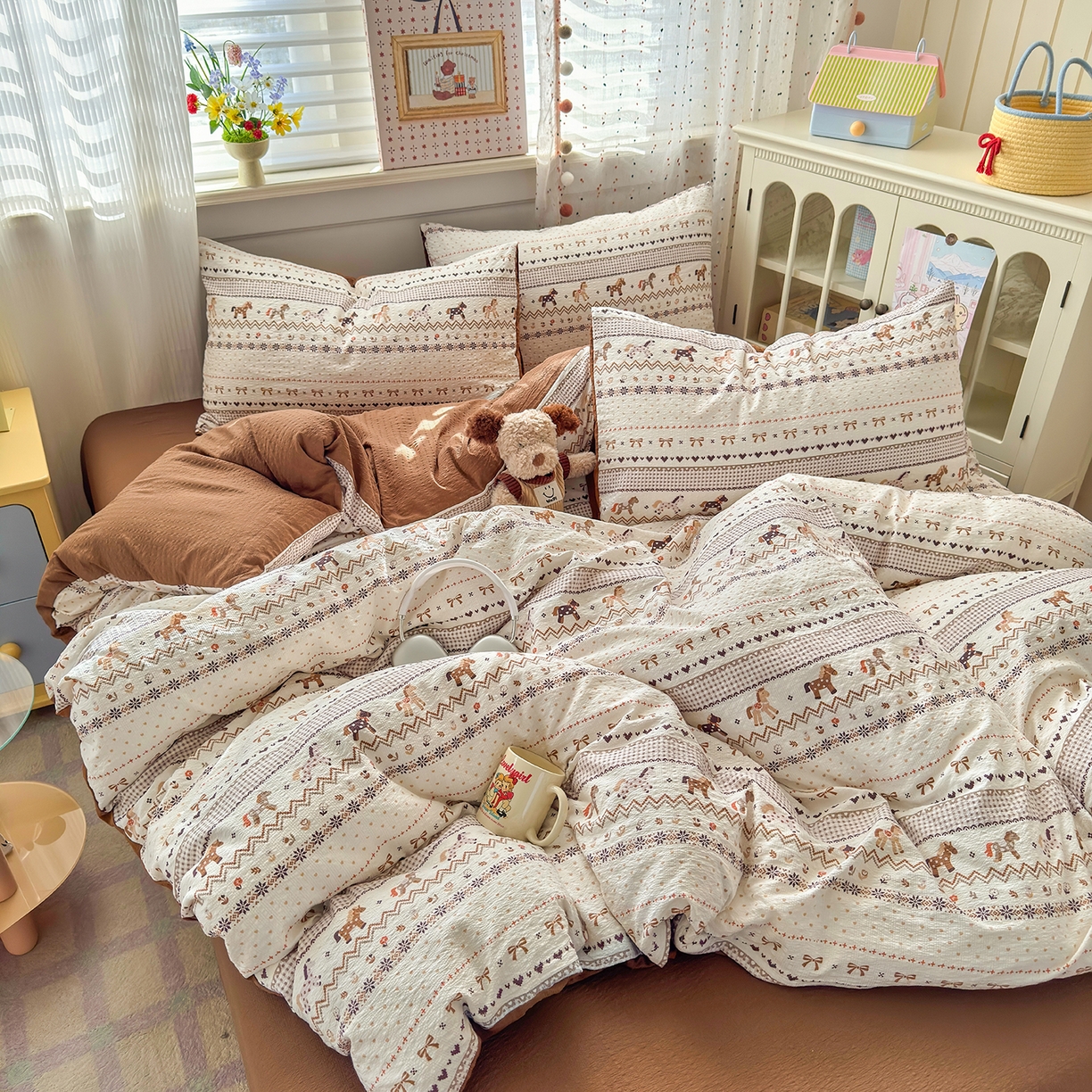 91家纺网 家纺一手货源 找家纺 优承佳生活馆 2026新款卡通小清新风格高克重超柔软糯泡芙双层纱面料三件套四件套单被套系列 （提供买家秀） 千禧马