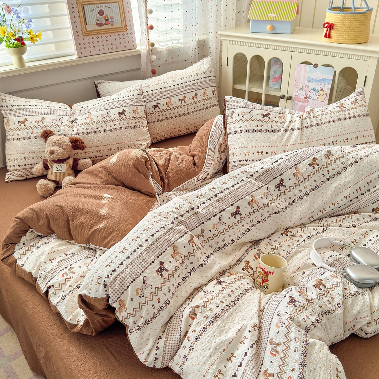 91家纺网 家纺一手货源 找家纺 优承佳生活馆 2026新款卡通小清新风格高克重超柔软糯泡芙双层纱面料三件套四件套单被套系列 （提供买家秀） 千禧马