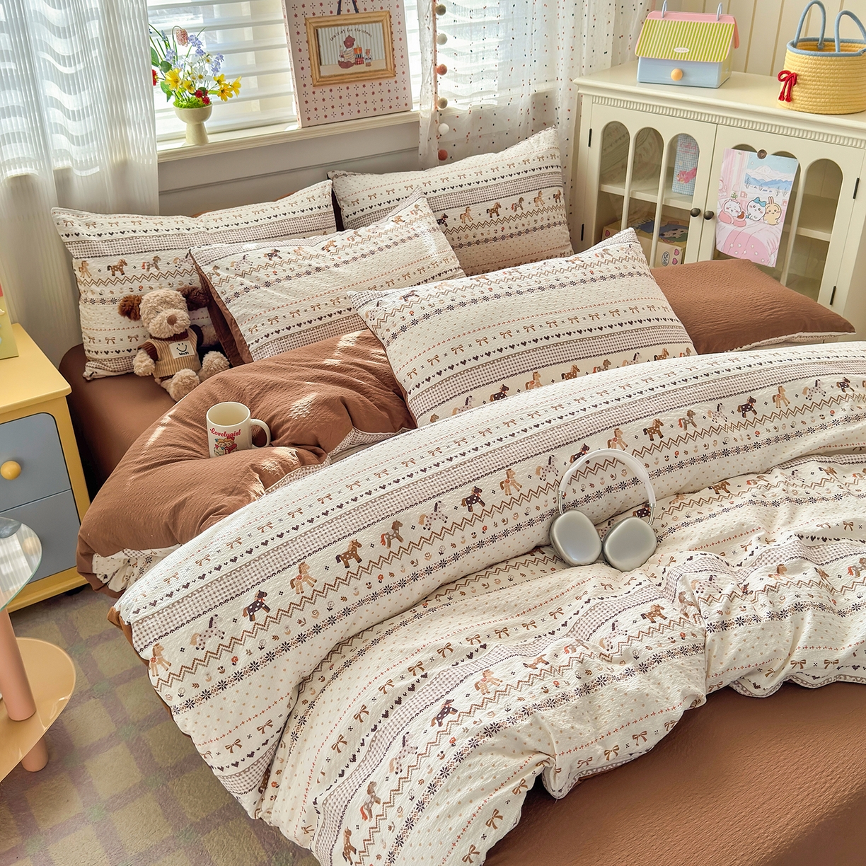 91家纺网 家纺一手货源 找家纺 优承佳生活馆 2026新款卡通小清新风格高克重超柔软糯泡芙双层纱面料三件套四件套单被套系列 （提供买家秀） 千禧马