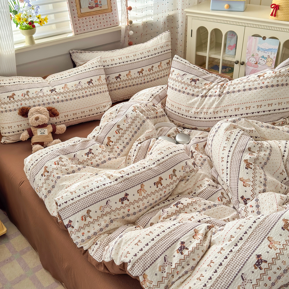 91家纺网 家纺一手货源 找家纺 优承佳生活馆 2026新款卡通小清新风格高克重超柔软糯泡芙双层纱面料三件套四件套单被套系列 （提供买家秀） 千禧马