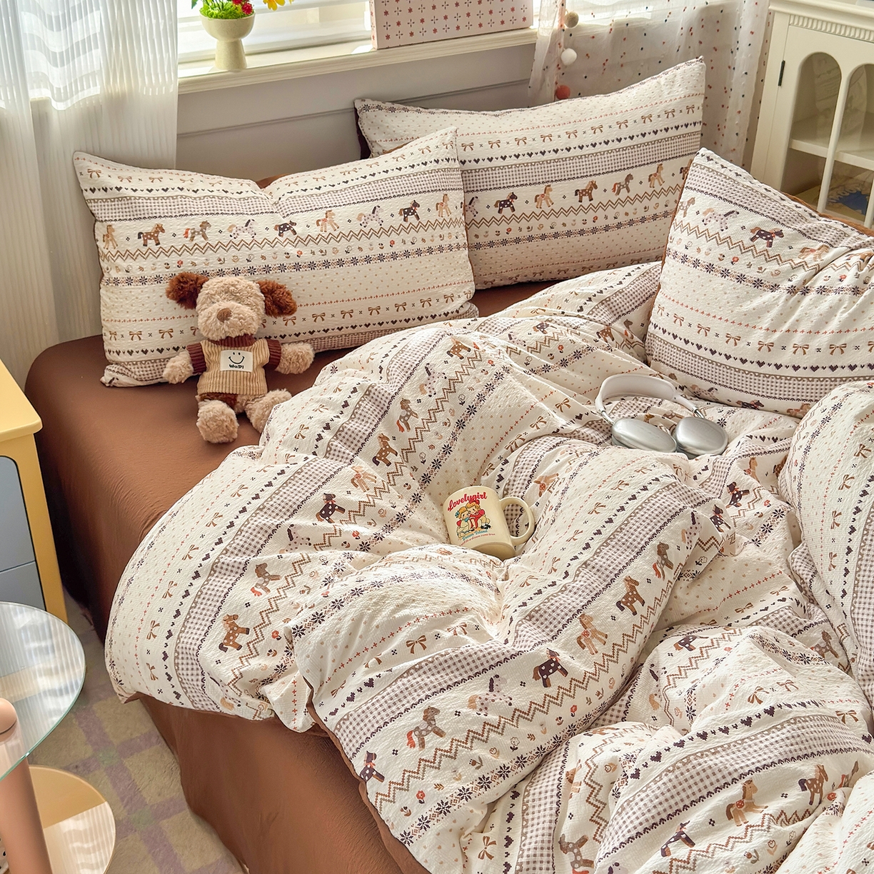 91家纺网 家纺一手货源 找家纺 优承佳生活馆 2026新款卡通小清新风格高克重超柔软糯泡芙双层纱面料三件套四件套单被套系列 （提供买家秀） 千禧马