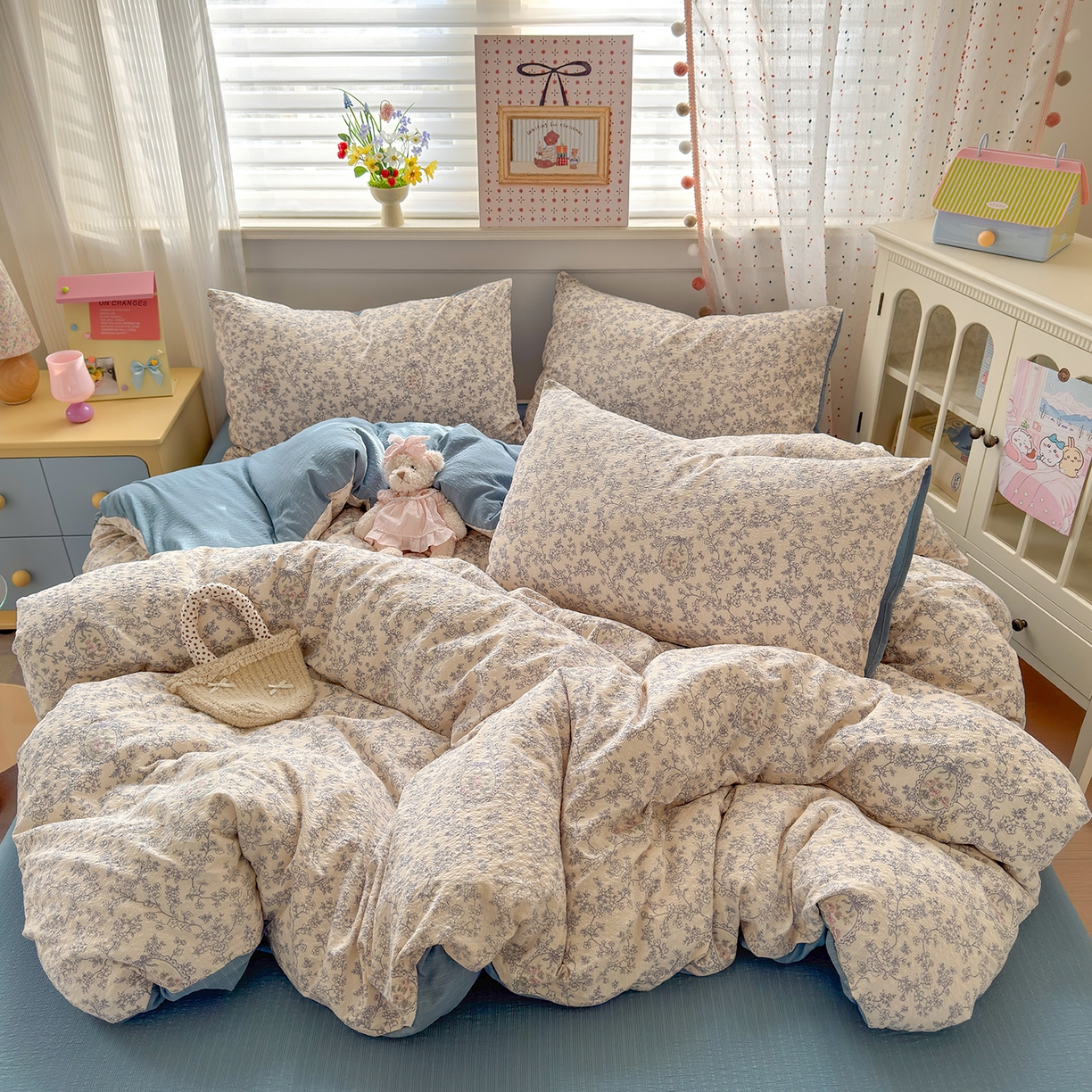 优承佳生活馆 2026新款卡通小清新风格高克重超柔软糯泡芙双层纱面料三件套四件套单被套系列 （提供买家秀） 浅陌