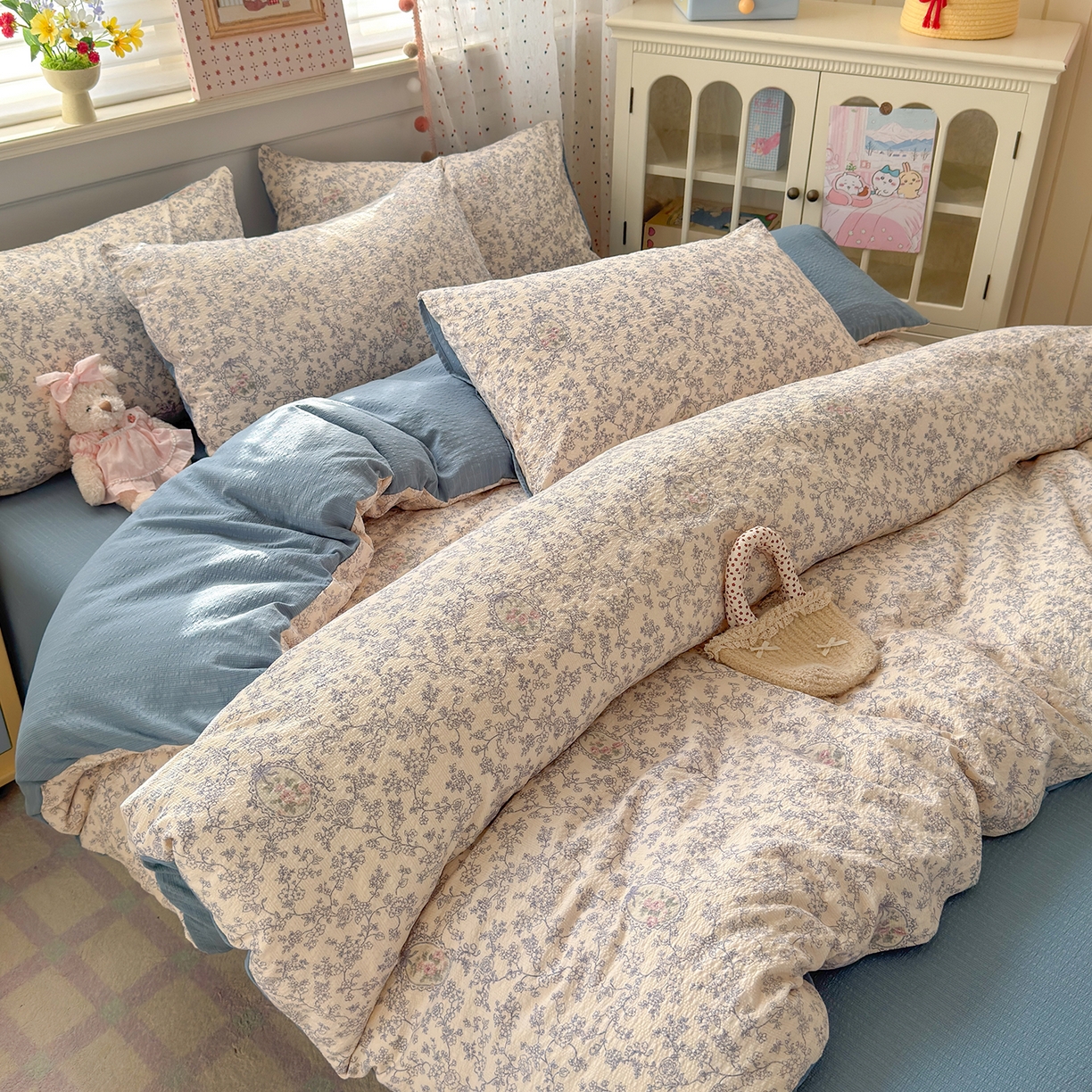 91家纺网 家纺一手货源 找家纺 优承佳生活馆 2026新款卡通小清新风格高克重超柔软糯泡芙双层纱面料三件套四件套单被套系列 （提供买家秀） 浅陌