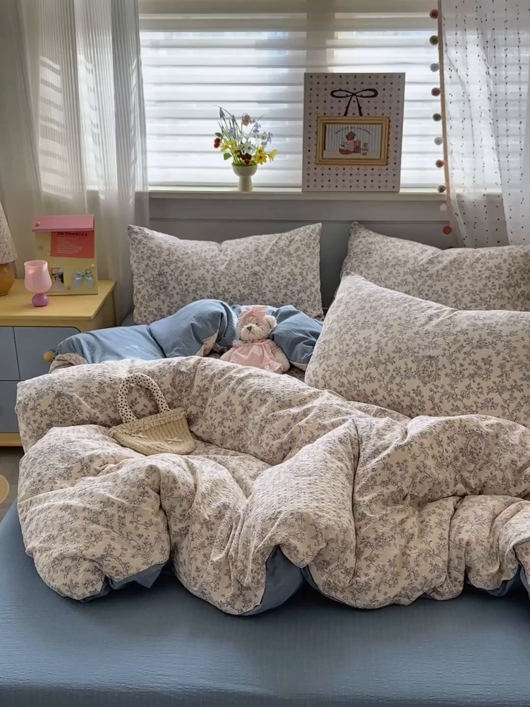 91家纺网 家纺一手货源 找家纺 优承佳生活馆 2026新款卡通小清新风格高克重超柔软糯泡芙双层纱面料三件套四件套单被套系列 （提供买家秀） 浅陌