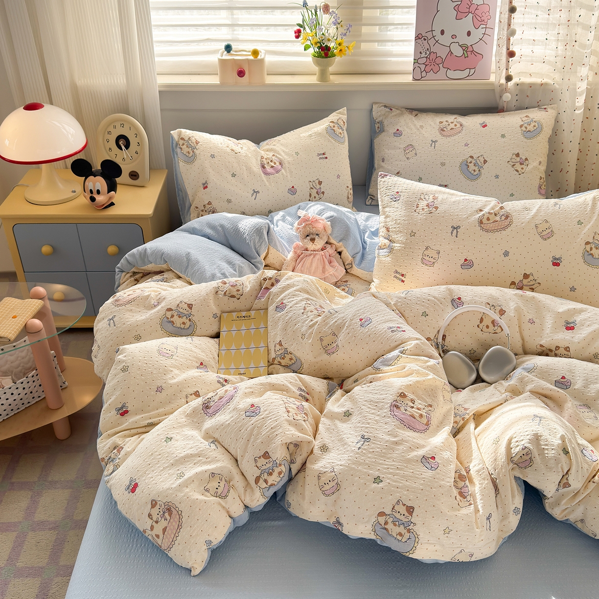 优承佳生活馆 2026新款卡通小清新风格高克重超柔软糯泡芙双层纱面料三件套四件套单被套系列 （提供买家秀） 甜猫派对