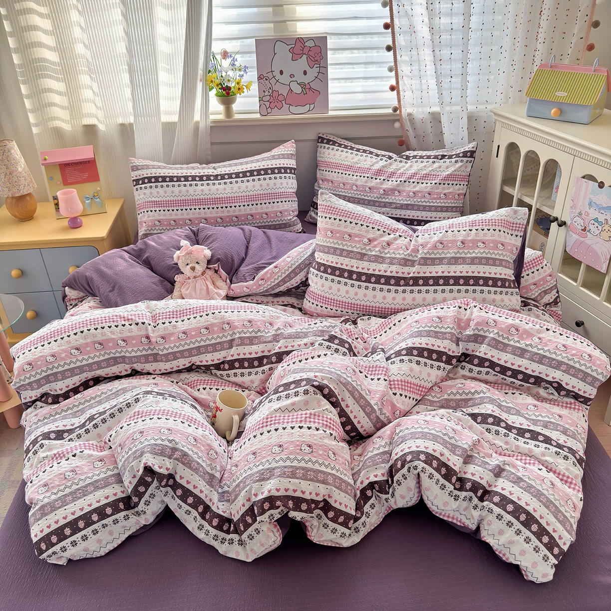 优承佳生活馆 2026新款卡通小清新风格高克重超柔软糯泡芙双层纱面料三件套四件套单被套系列 （提供买家秀） 甜心