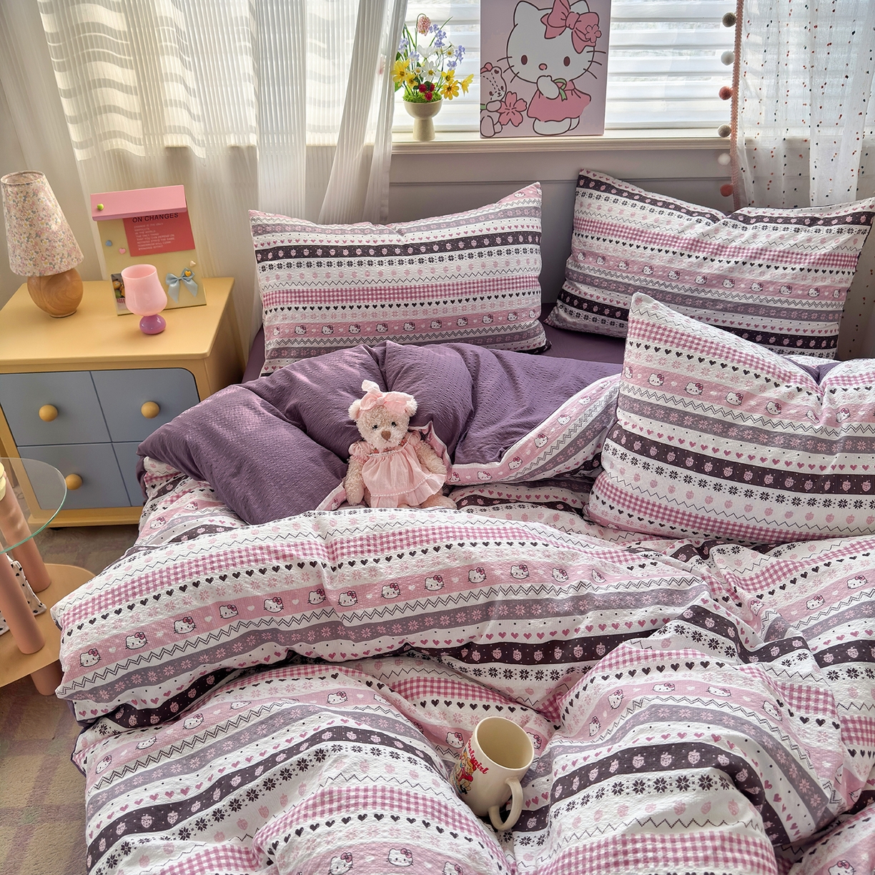 91家纺网 家纺一手货源 找家纺 优承佳生活馆 2026新款卡通小清新风格高克重超柔软糯泡芙双层纱面料三件套四件套单被套系列 （提供买家秀） 甜心