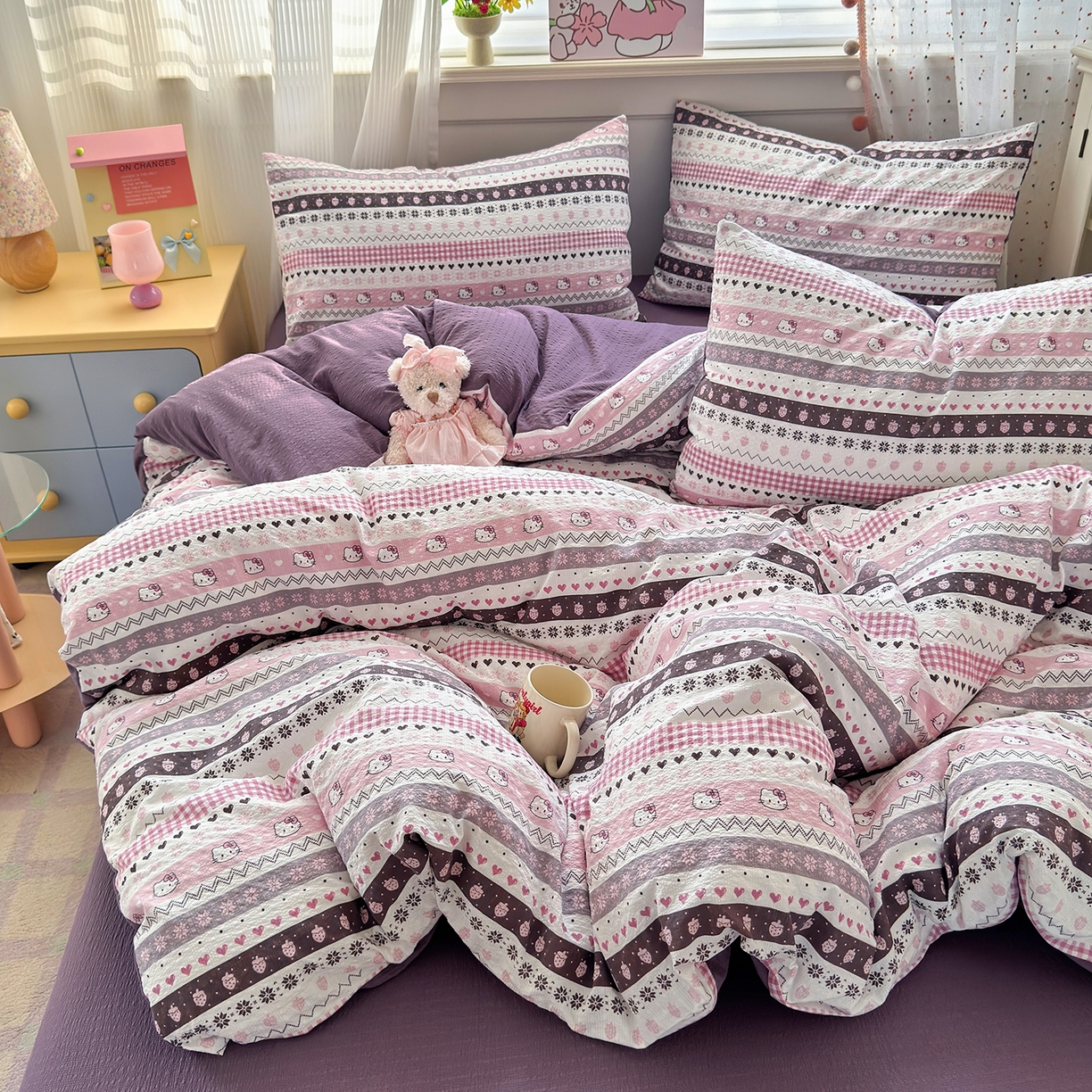 91家纺网 家纺一手货源 找家纺 优承佳生活馆 2026新款卡通小清新风格高克重超柔软糯泡芙双层纱面料三件套四件套单被套系列 （提供买家秀） 甜心