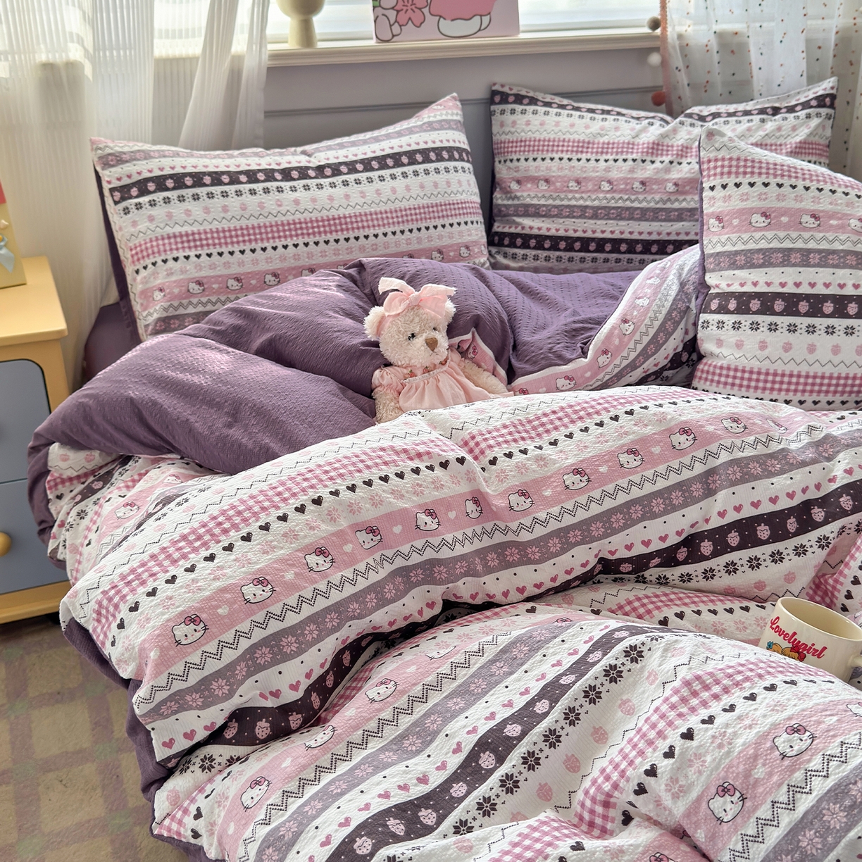 91家纺网 家纺一手货源 找家纺 优承佳生活馆 2026新款卡通小清新风格高克重超柔软糯泡芙双层纱面料三件套四件套单被套系列 （提供买家秀） 甜心