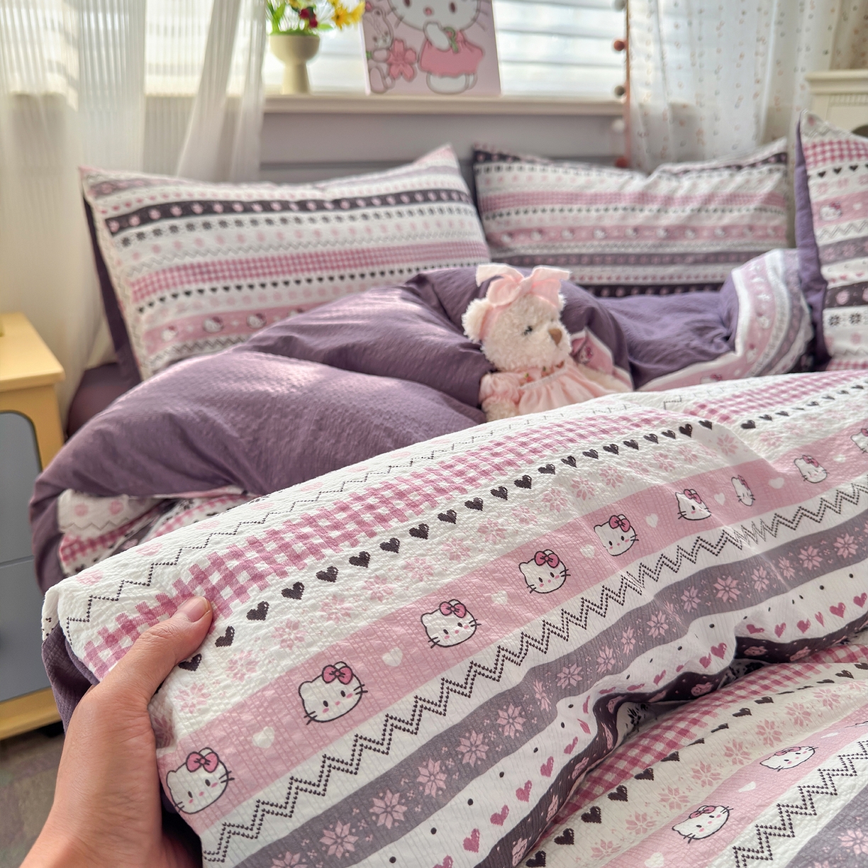 91家纺网 家纺一手货源 找家纺 优承佳生活馆 2026新款卡通小清新风格高克重超柔软糯泡芙双层纱面料三件套四件套单被套系列 （提供买家秀） 甜心