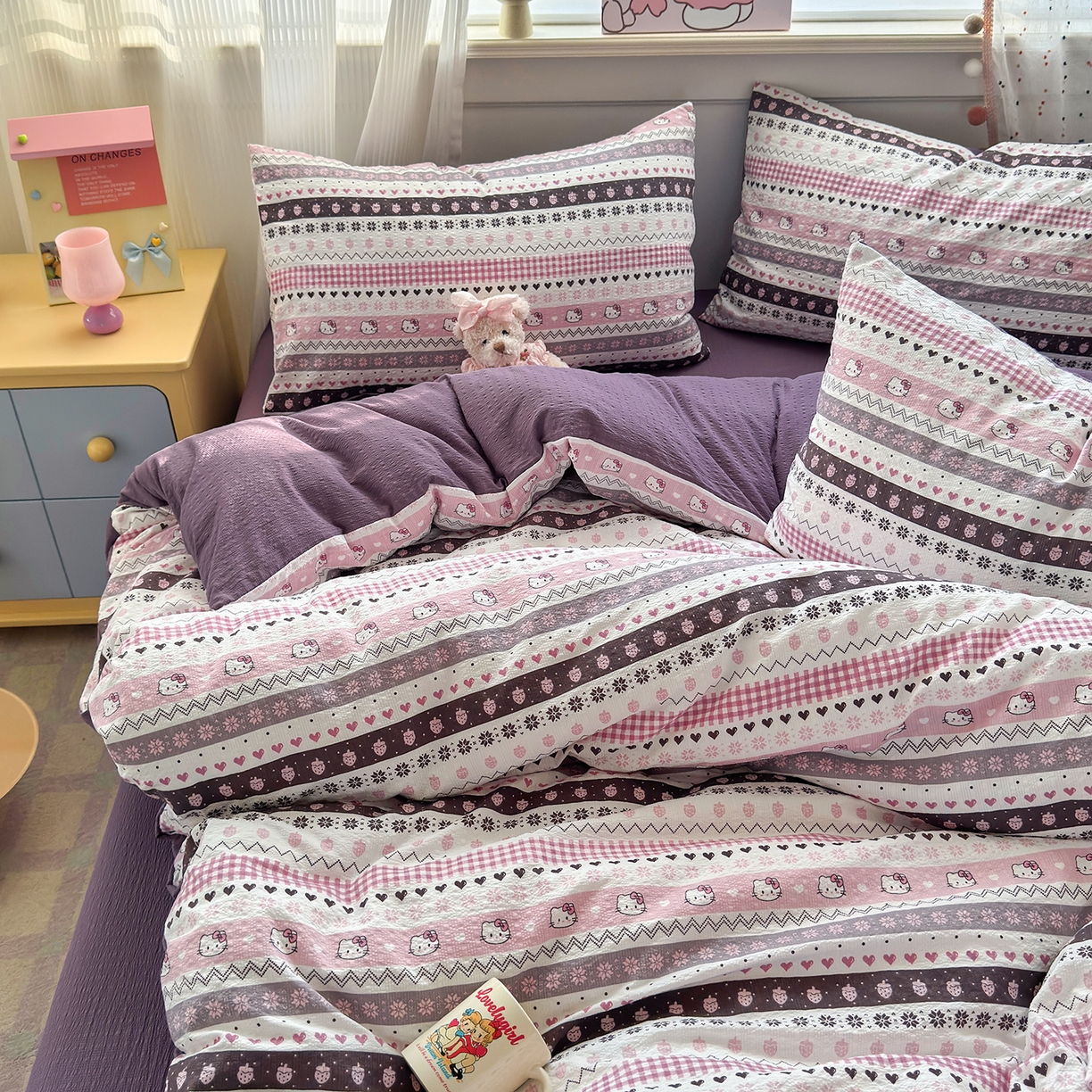 91家纺网 家纺一手货源 找家纺 优承佳生活馆 2026新款卡通小清新风格高克重超柔软糯泡芙双层纱面料三件套四件套单被套系列 （提供买家秀） 甜心