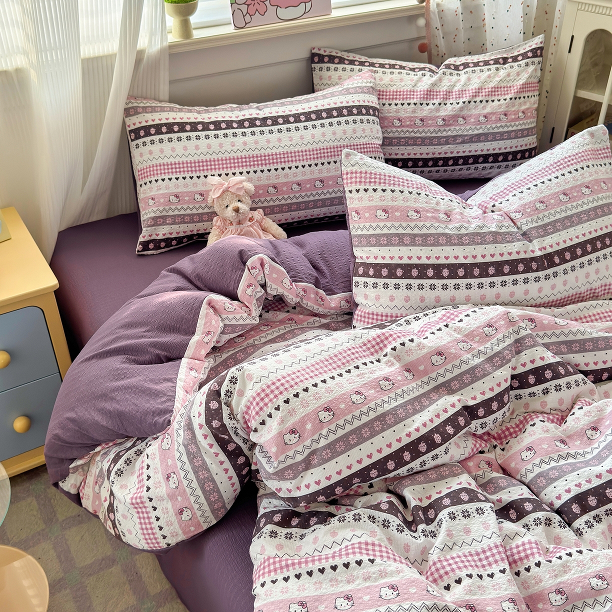 91家纺网 家纺一手货源 找家纺 优承佳生活馆 2026新款卡通小清新风格高克重超柔软糯泡芙双层纱面料三件套四件套单被套系列 （提供买家秀） 甜心