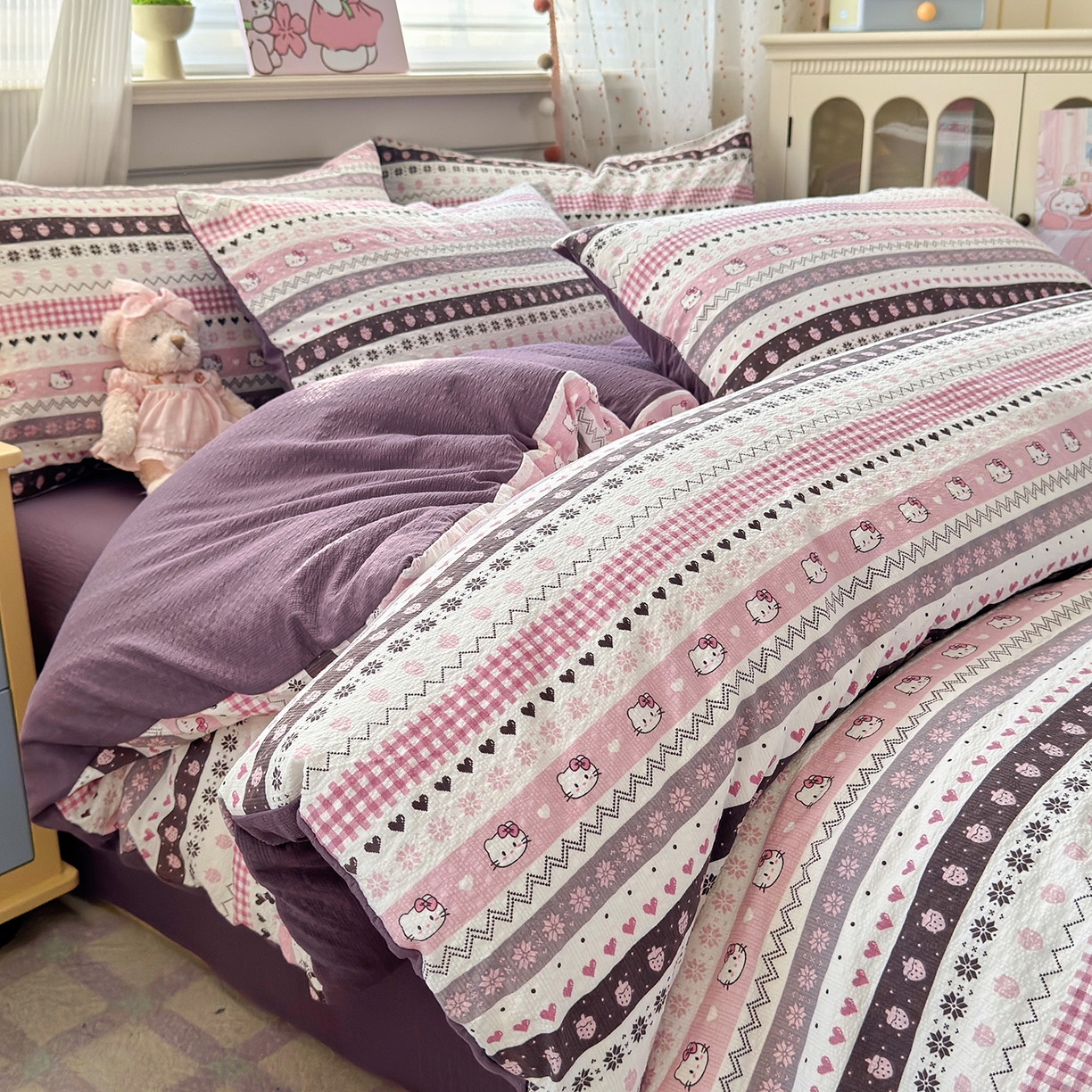 91家纺网 家纺一手货源 找家纺 优承佳生活馆 2026新款卡通小清新风格高克重超柔软糯泡芙双层纱面料三件套四件套单被套系列 （提供买家秀） 甜心