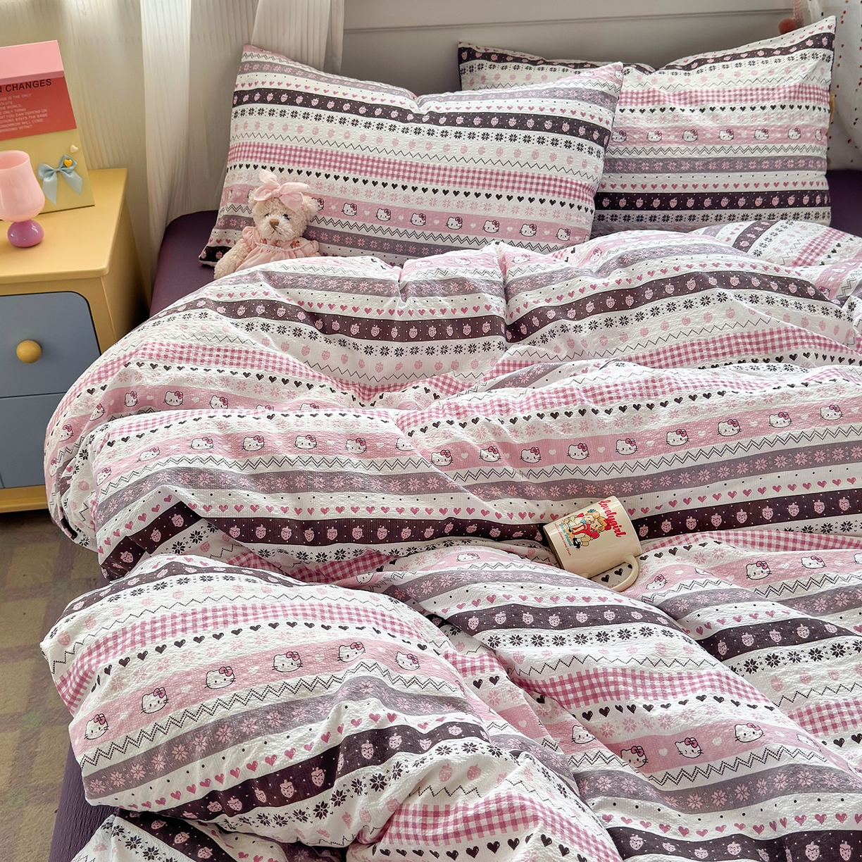 91家纺网 家纺一手货源 找家纺 优承佳生活馆 2026新款卡通小清新风格高克重超柔软糯泡芙双层纱面料三件套四件套单被套系列 （提供买家秀） 甜心