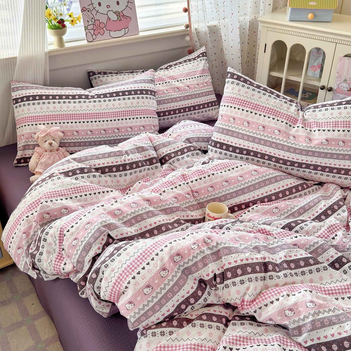 91家纺网 家纺一手货源 找家纺 优承佳生活馆 2026新款卡通小清新风格高克重超柔软糯泡芙双层纱面料三件套四件套单被套系列 （提供买家秀） 甜心