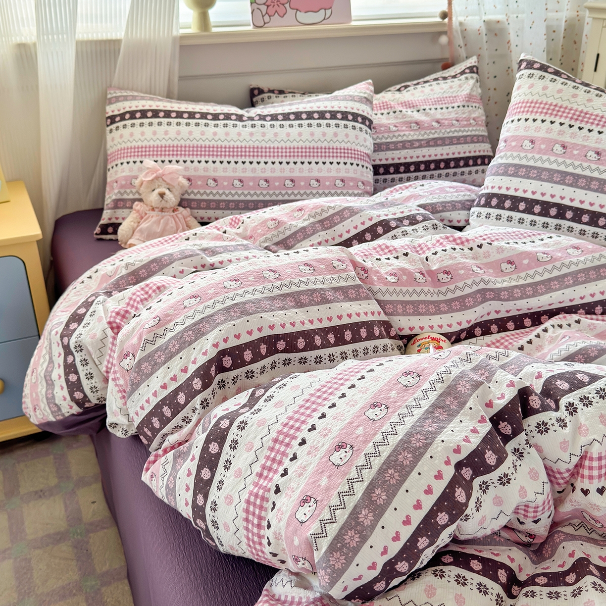 91家纺网 家纺一手货源 找家纺 优承佳生活馆 2026新款卡通小清新风格高克重超柔软糯泡芙双层纱面料三件套四件套单被套系列 （提供买家秀） 甜心