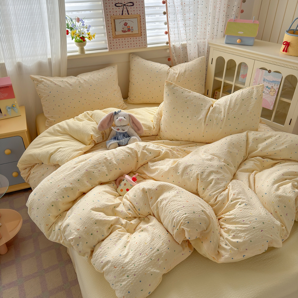 优承佳生活馆 2026新款卡通小清新风格高克重超柔软糯泡芙双层纱面料三件套四件套单被套系列 （提供买家秀） 童趣星空