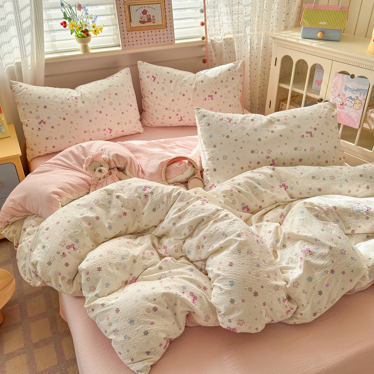 优承佳生活馆 2026新款卡通小清新风格高克重超柔软糯泡芙双层纱面料三件套四件套单被套系列 （提供买家秀） 星星kt