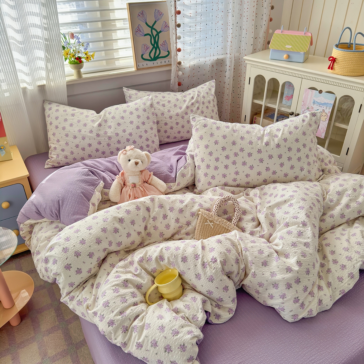 优承佳生活馆 2026新款卡通小清新风格高克重超柔软糯泡芙双层纱面料三件套四件套单被套系列 （提供买家秀） 紫蔷薇