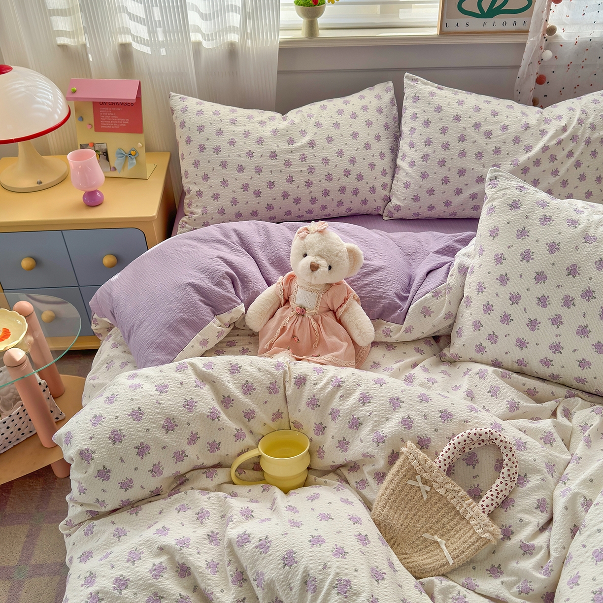 91家纺网 家纺一手货源 找家纺 优承佳生活馆 2026新款卡通小清新风格高克重超柔软糯泡芙双层纱面料三件套四件套单被套系列 （提供买家秀） 紫蔷薇